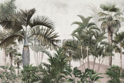 Fototapete Tropical trees and leaves wallpaper design in foggy forest - 3D illustration