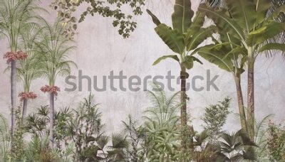 Fototapete Tropical trees and leaves wallpaper design in foggy forest - 3D illustration