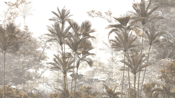 Fototapete tropical trees and leaves wallpaper design in foggy forest - 3D illustration
