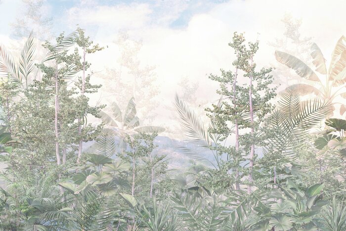 Fototapete tropical trees and leaves wallpaper design in foggy forest - 3D illustration
