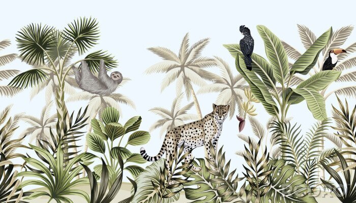 Fototapete Tropical vintage botanical landscape, palm tree, banana tree, plant, wild animals leopard, sloth, toucan, parrot floral seamless border blue background. Exotic green jungle wallpaper.