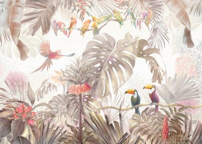 Fototapete Tropical vintage botanical landscape, palm tree, plant, palm leaves, birds, parrots.