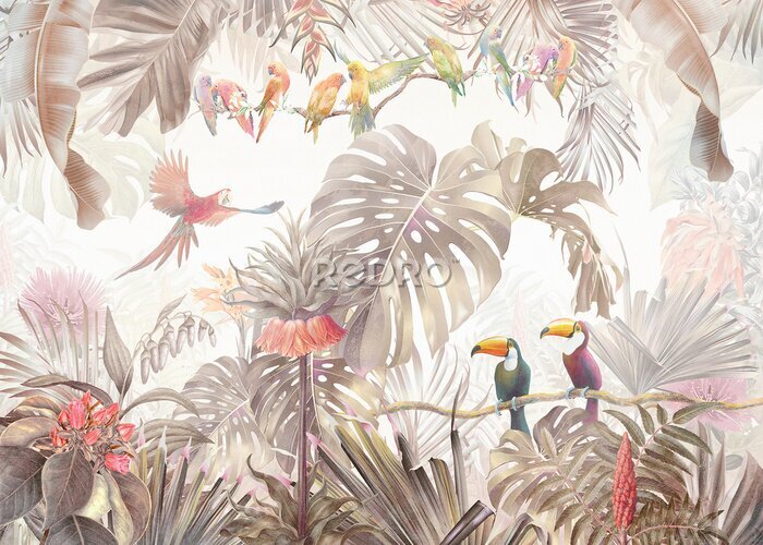 Fototapete Tropical vintage botanical landscape, palm tree, plant, palm leaves, birds, parrots.