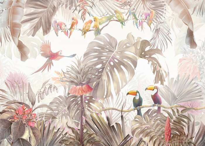 Fototapete Tropical vintage botanical landscape, palm tree, plant, palm leaves, birds, parrots.