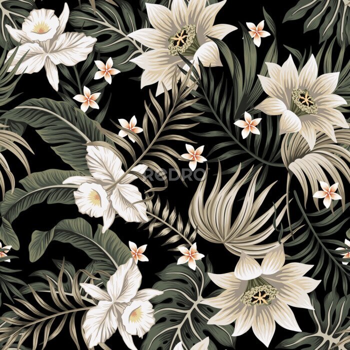 Fototapete Tropical vintage night white orchid, lotus flower, palm leaves floral seamless pattern black background. Exotic jungle wallpaper.