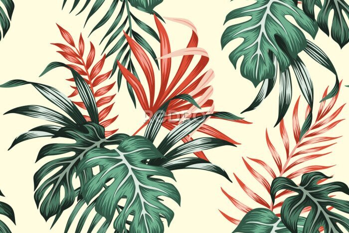 Fototapete Tropical vintage red, green palm leaves floral seamless pattern yellow background. Exotic jungle wallpaper.