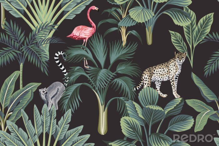 Fototapete Tropical vintage wild animals, flamingo, palm trees, banana tree floral seamless pattern dark background. Exotic botanical jungle wallpaper.