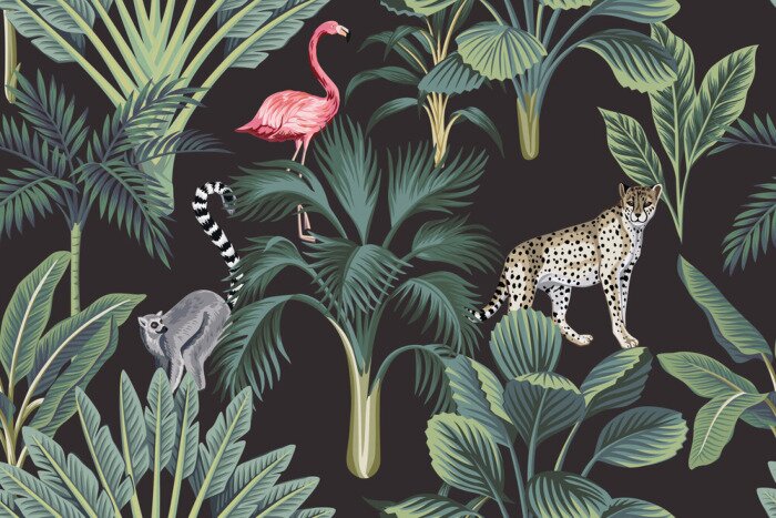 Fototapete Tropical vintage wild animals, flamingo, palm trees, banana tree floral seamless pattern dark background. Exotic botanical jungle wallpaper.
