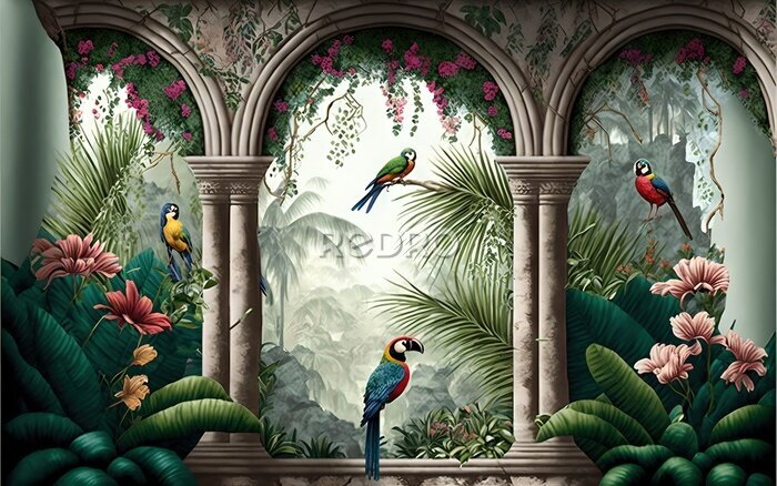 Fototapete Tropical wall arch wallpaper palm trees birds and parro