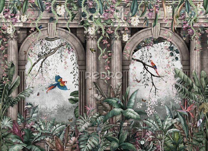 Fototapete Tropical wall arch wallpaper palm trees, birds and parrot in the forest land escape with flying butterflies