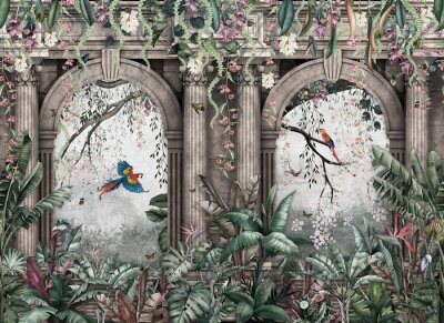 Fototapete Tropical wall arch wallpaper palm trees, birds and parrot in the forest land escape with flying butterflies