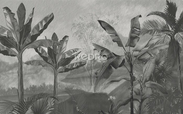 Fototapete Tropical wallpaper design, banana trees, landscapes, mural art.