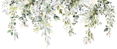 Fototapete Tropical watercolor herbal branch with leaves . Card with nature