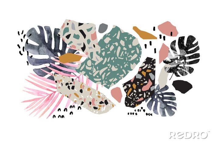 Fototapete Tropical watercolor leaves, turned edge geometric shapes, terrazzo flooring elements collage