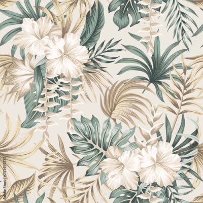 Fototapete Tropical white hibiscus flower, green palm leaves seamless pattern. Exotic jungle wallpaper.	