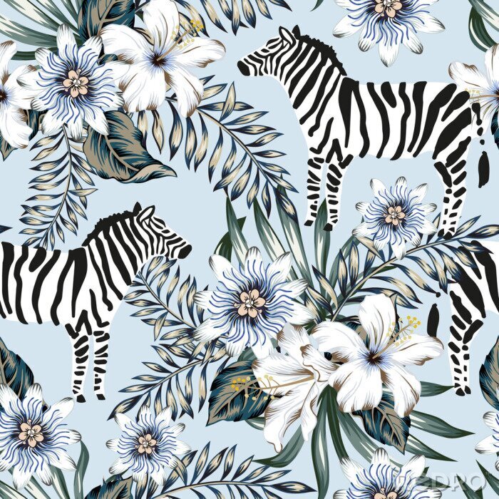 Fototapete Tropical zebra, palm leaves, hibiscus, passion flowers bouquets, light blue background. Vector seamless pattern. Graphic illustration. Exotic jungle. Summer beach floral design. Paradise nature