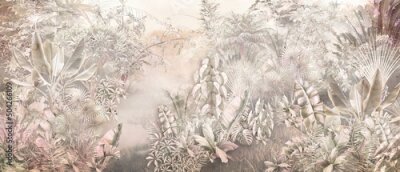 Fototapete Tropische Bäume und Blätter im nebligen Wald