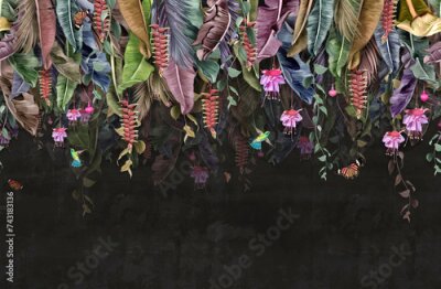 Fototapete Tropische Bananenblätter mit Blumen und Schmetterlingen auf Dunklem Hintergrund