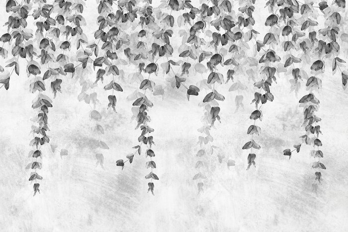 Fototapete Tropische Blätter an einer Betonwand