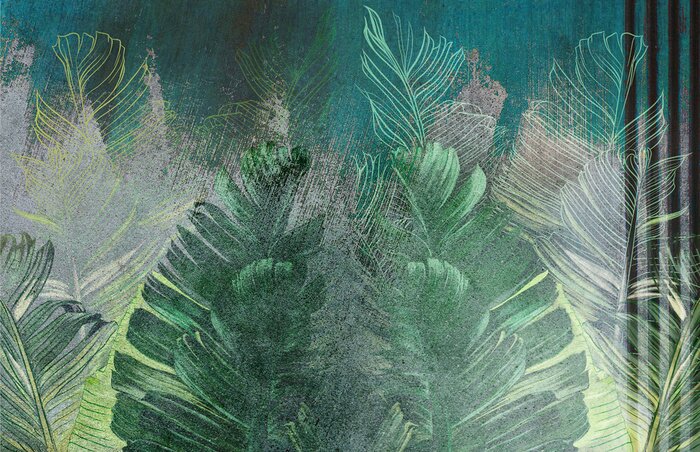 Fototapete Tropische Blätter auf einem Betonhintergrund