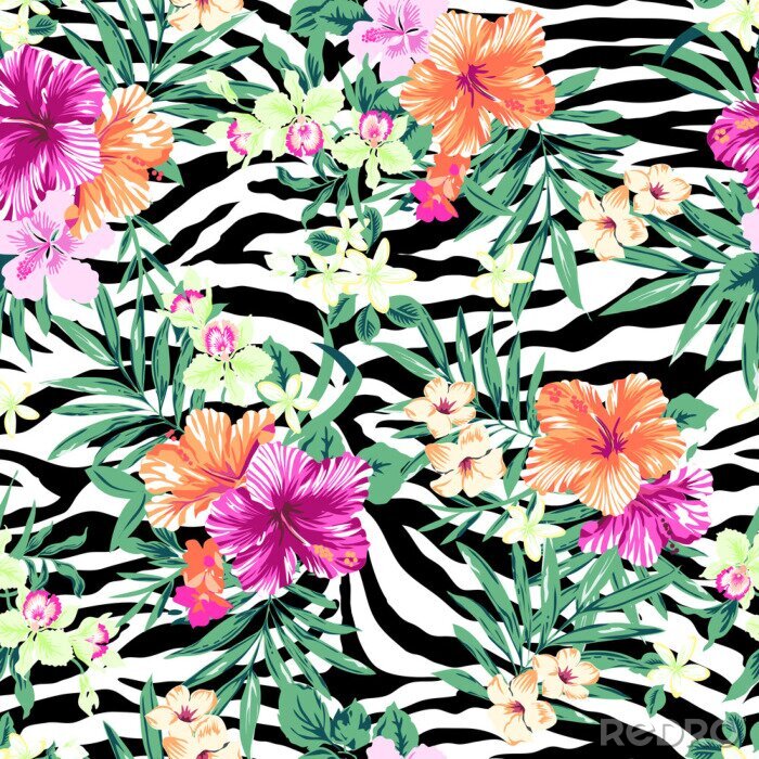 Fototapete Tropische Blumen über Zebra print ~ nahtlose Hintergrund