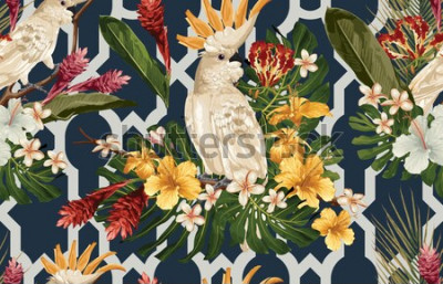 Fototapete Tropische Blumen und Papageien