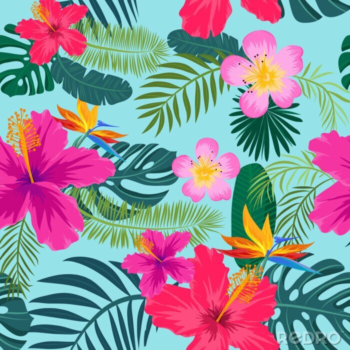 Fototapete Tropische nahtlose Muster mit Palmblättern und Blumen