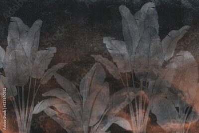 Fototapete Tropische Pflanzen auf einer dunklen Betonwand