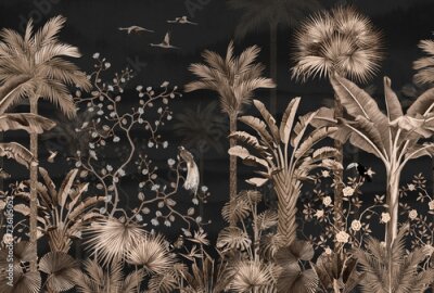 Fototapete Tropische Pflanzen, Palmen und Monstera auf Dunklem Hintergrund