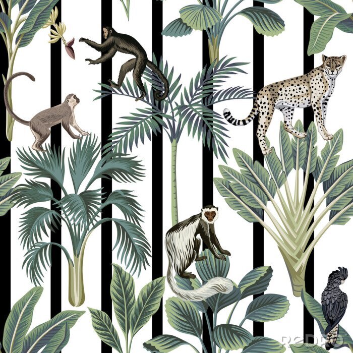 Fototapete Tropische Tiere und Pflanzen auf gestreiftem Hintergrund