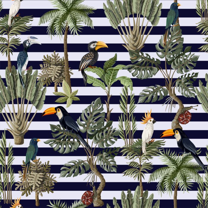 Fototapete Tropische Tiere und Pflanzen auf gestreiftem Hintergrund