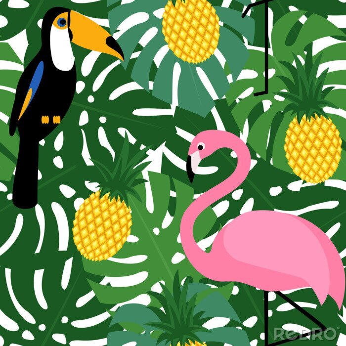 Fototapete Tropische trendy nahtlose Muster mit rosa Flamingos, Tukane, Ananas und grünen Palmblättern. Exotische Hawaii Kunst Hintergrund. Design für Stoff und Dekor.