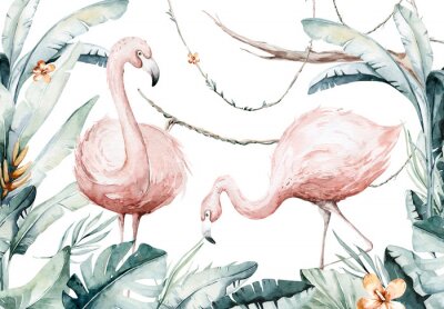 Fototapete Tropische Vögel Flamingos inmitten von mit Aquarellfarben gemalten Blättern