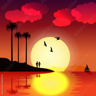 Fototapete Tropischer Sonnenuntergang mit Palmen, Vögeln, Paar in der Liebe, Boot und Wasser Reflexion