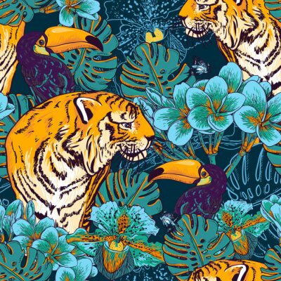 Fototapete Tropisches muster mit tiger und tukan