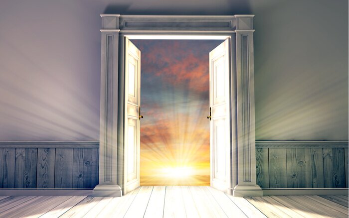 Fototapete Tür mit ausblick auf sonnenuntergang