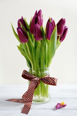 Tulpen in einer Vase mit Schleife