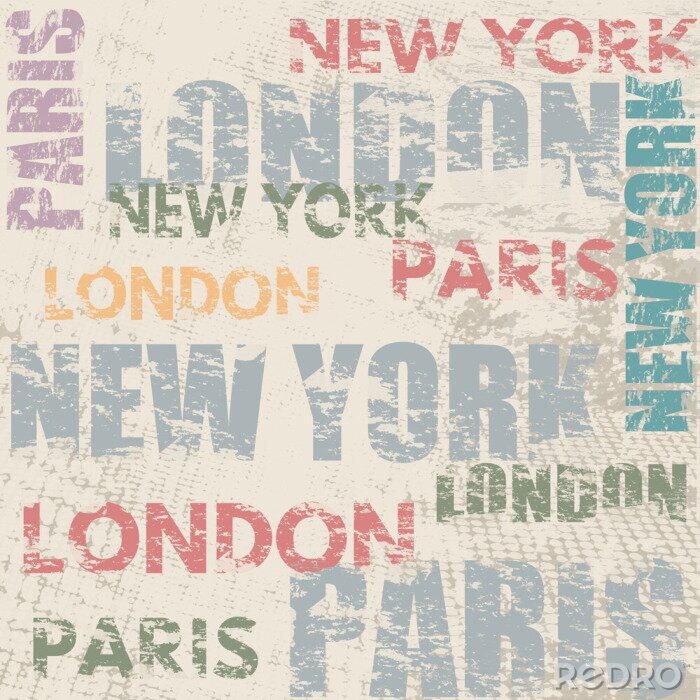 Fototapete Typografisches Plakat mit den Stadtnamen London, Paris und New York