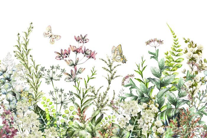 Fototapete Über Feldpflanzen fliegende Schmetterlinge