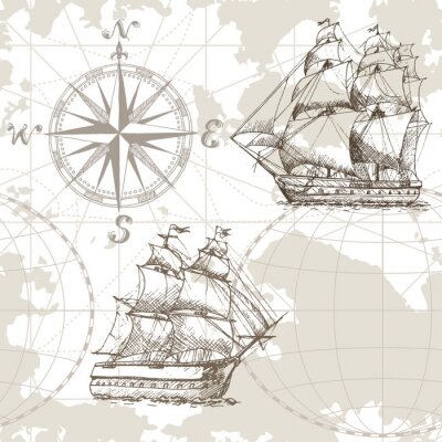 Übergeben Sie gezogene nahtlose Seekarte des Vektors mit Kompass und Segelschiff. Perfekt für Textilien, Tapeten und Drucke.