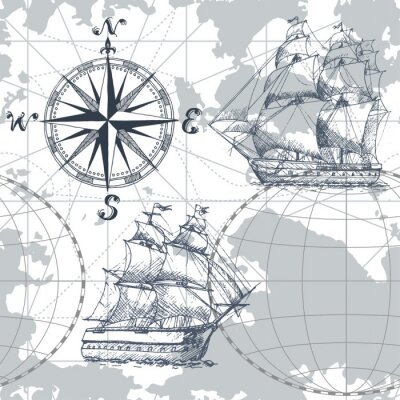 Übergeben Sie gezogene nahtlose Seekarte des Vektors mit Kompass und Segelschiff. Perfekt für Textilien, Tapeten und Drucke.