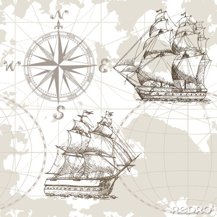 Fototapete Übergeben Sie gezogene nahtlose Seekarte des Vektors mit Kompass und Segelschiff. Perfekt für Textilien, Tapeten und Drucke.