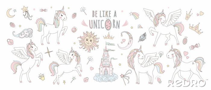 Fototapete Unicorn vector sweet cute illustration. Magic fantasy design. Cartoon rainbow animal isolated horse. Fairytale unicorn print poster.