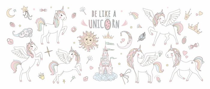 Fototapete Unicorn vector sweet cute illustration. Magic fantasy design. Cartoon rainbow animal isolated horse. Fairytale unicorn print poster.