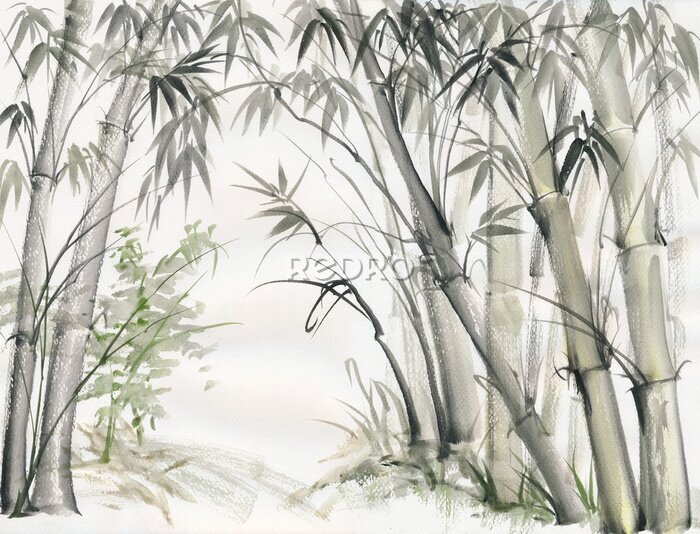 Fototapete Ursprüngliche Aquarellmalerei des Bambuswaldes auf strukturiertem Papier