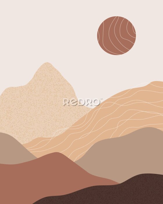 Fototapete Vector abstract contemporary aesthetic background landscape with mountains, sunset, sunrise. Boho wall textured print decor in flat style. Mid century modern minimalist art and design