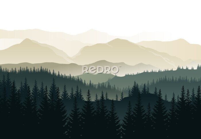Fototapete Vector beautiful morning landscape with misty green forests and mountains