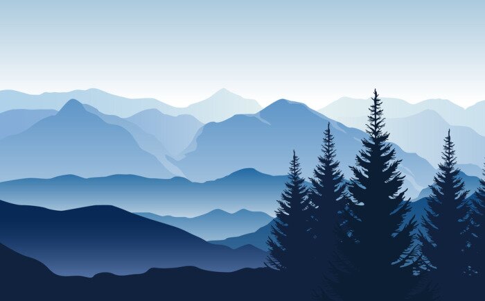 Fototapete Vector blue landscape with silhouettes of misty mountains and hills and trees