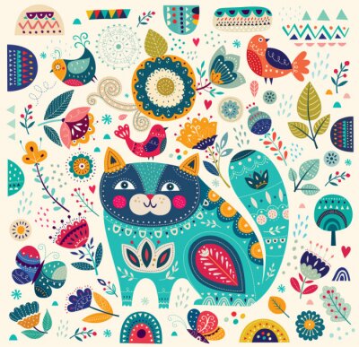 Fototapete Vector bunte Illustration mit schönen Katze, Schmetterlinge, Vögel und Blumen