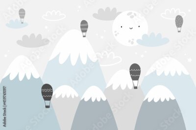 Fototapete Vector children hand drawn doodle mountain illustration in scandinavian style. Mountain landscape, clouds, air balloons and cute moon. Kids wallpaper. Mountainscape, baby room design, wall decor.